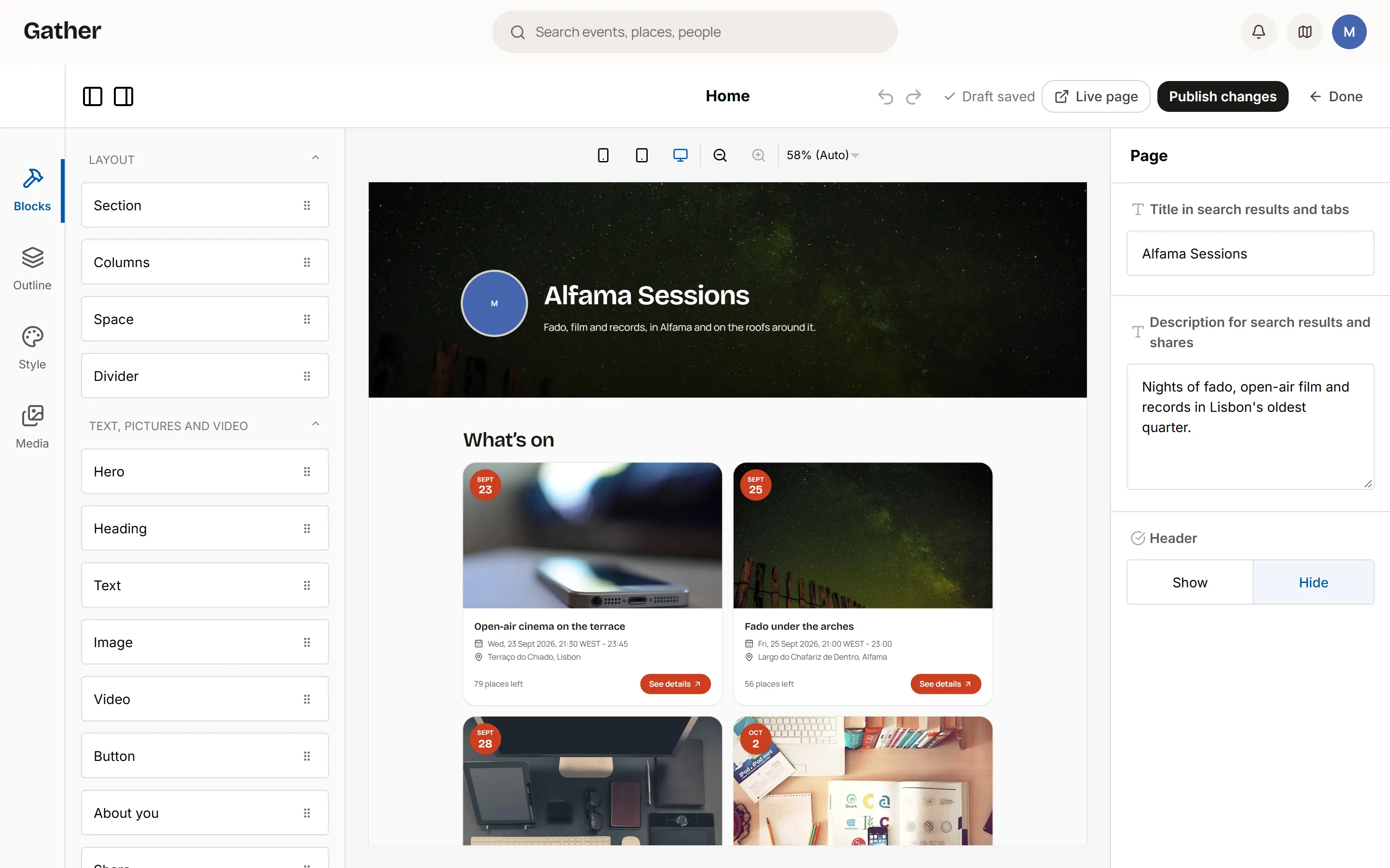 The site builder: a page being laid out from blocks on the left, with the block's settings on the right.