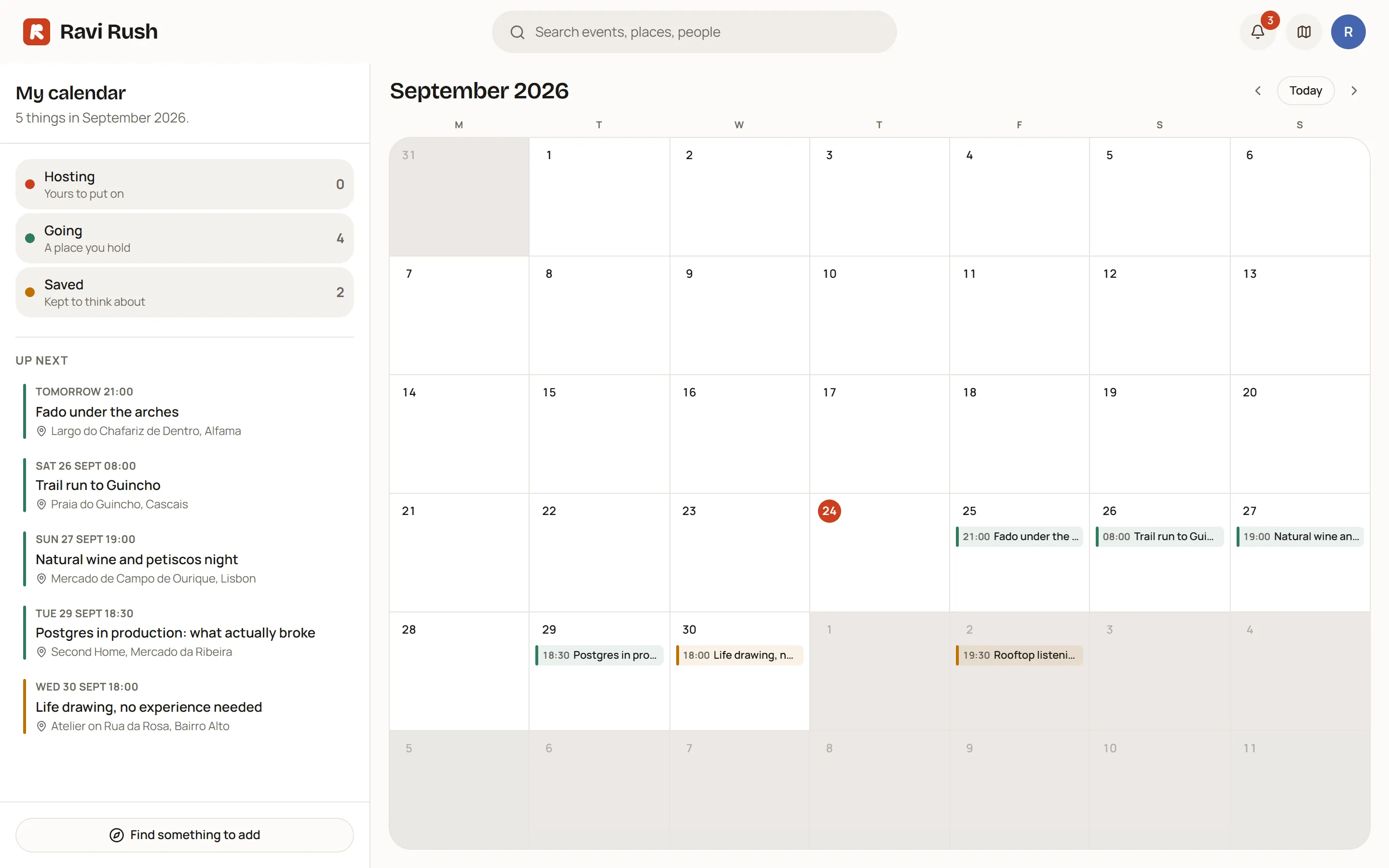 Your calendar in the app: a month grid with the events you are hosting, going to and have saved, and a panel beside it with what is next.