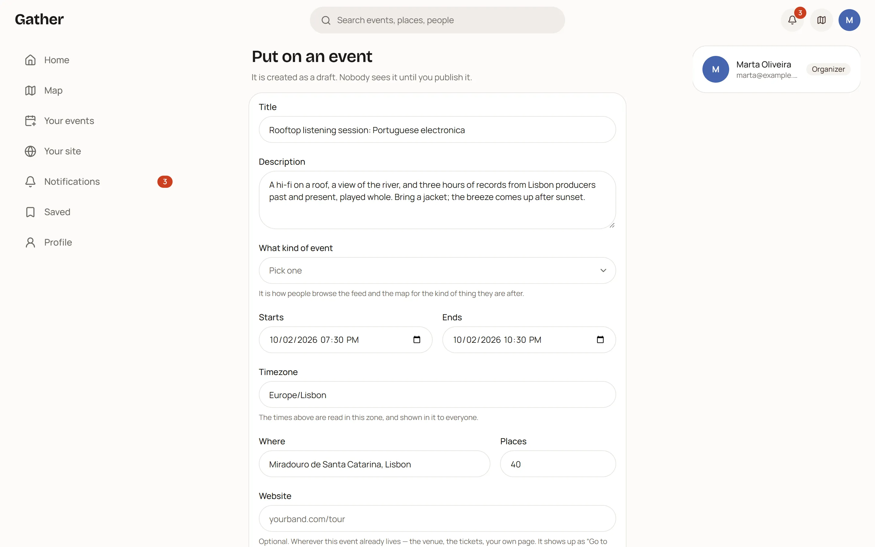 The form for putting on an event, being filled in: a title, a description, the kind of event, when it starts and ends, its timezone, where it is, and how many places there are.