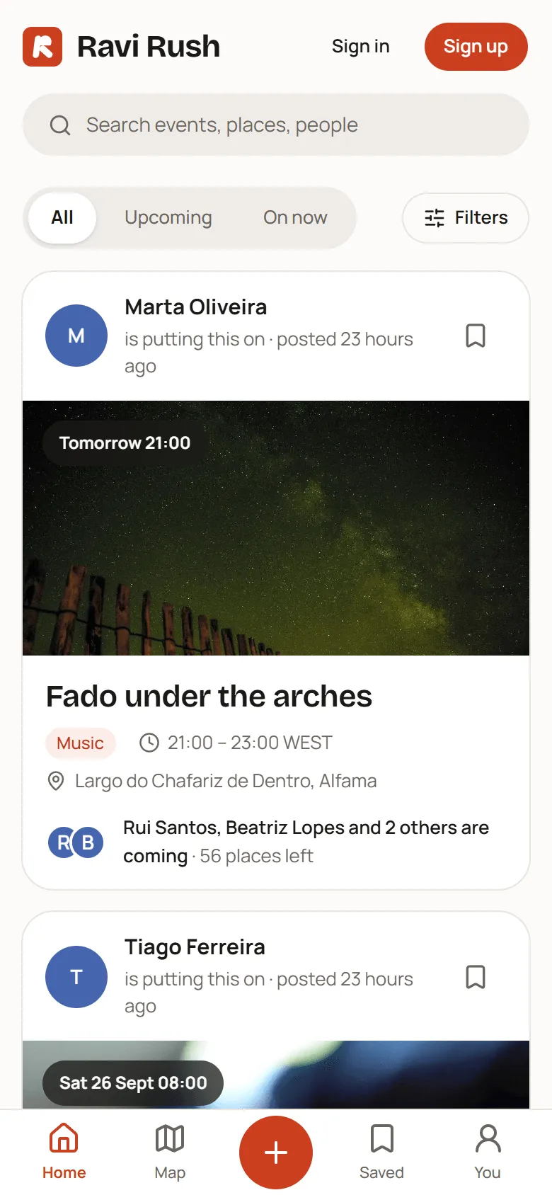 The feed on a phone: a column of events, each led by the person putting it on, with the picture, the day, the title and where it is.