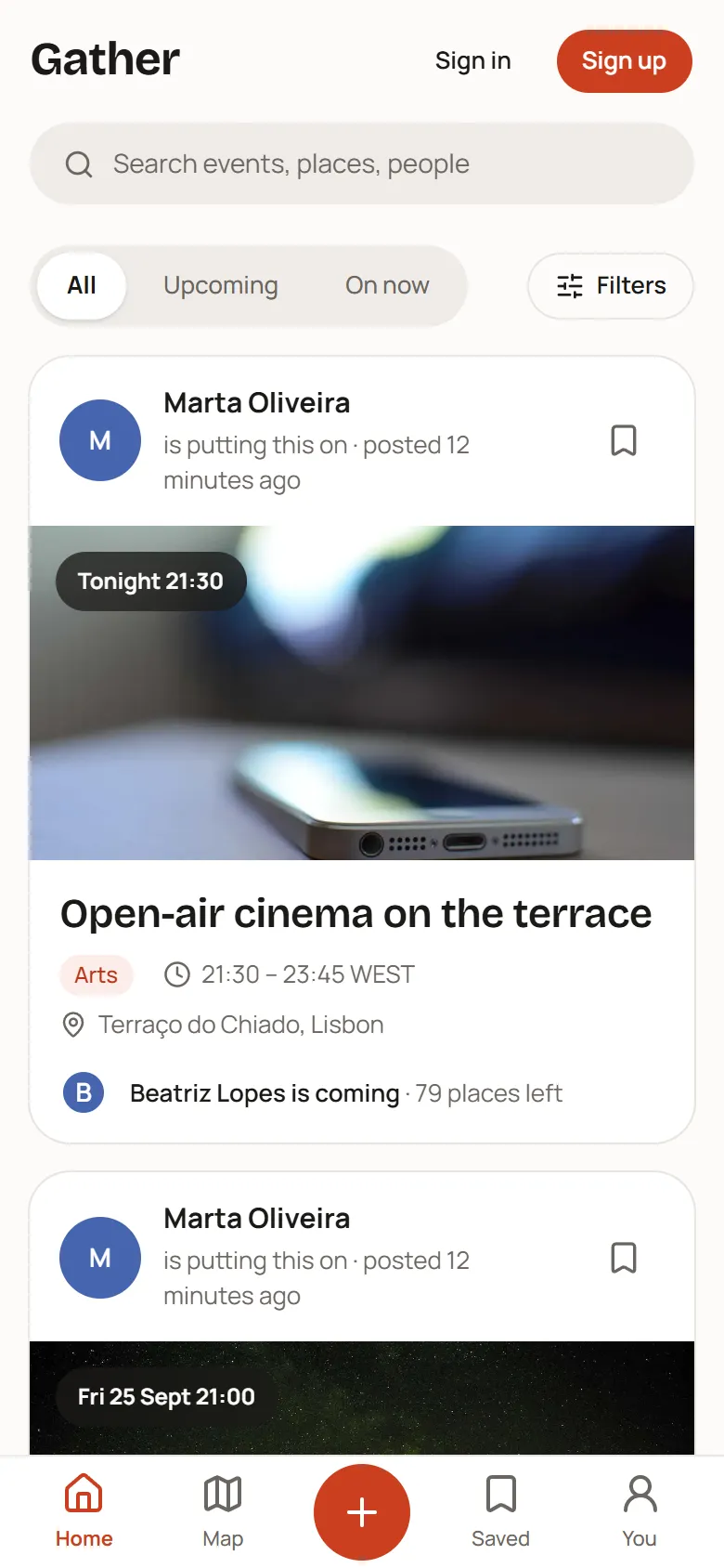 The feed on a phone: a column of events, each led by the person putting it on, with the picture, the day, the title and where it is.