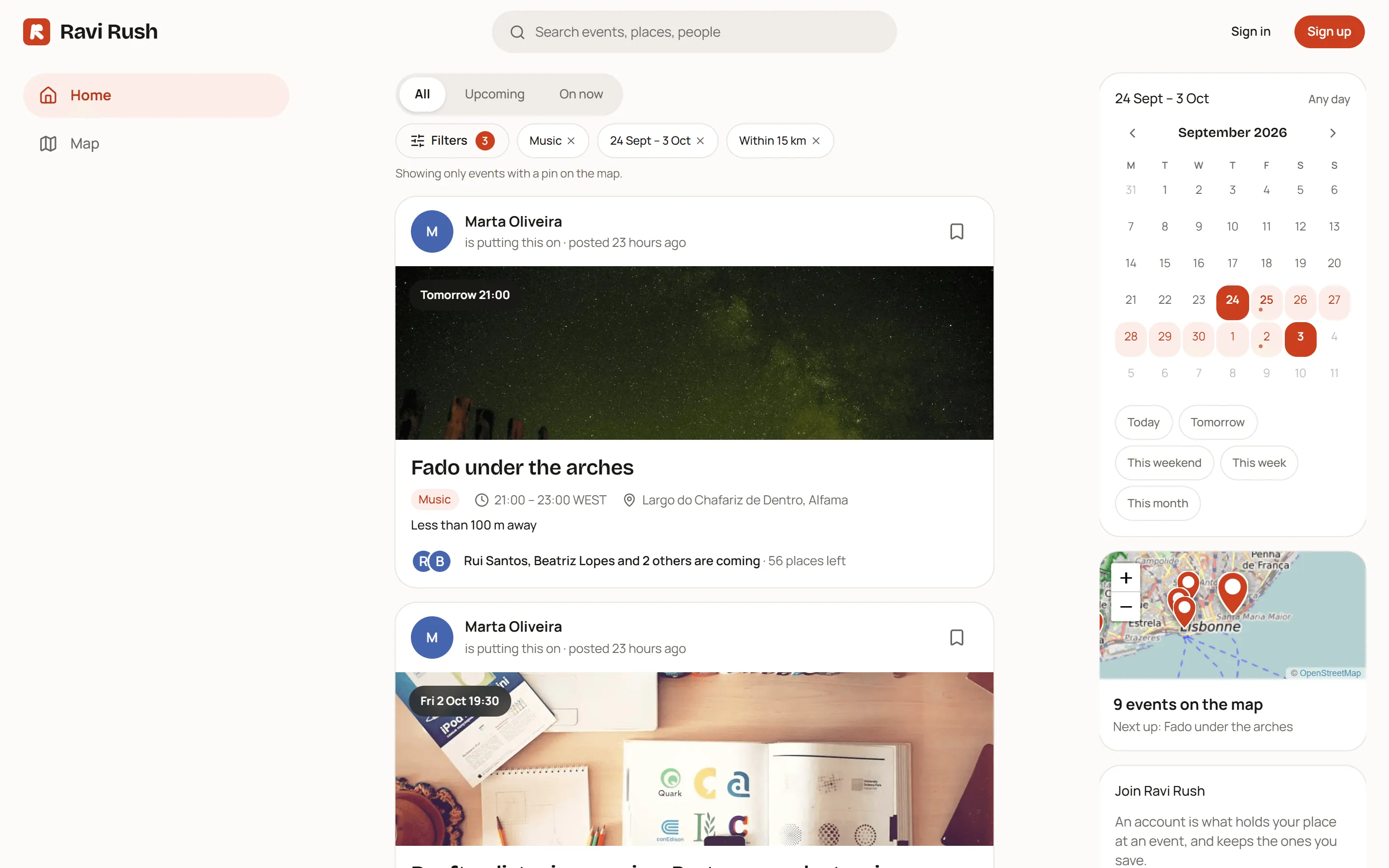 The feed narrowed by the filter panel: a calendar with dots on the days that have events, a choice of kinds, and a distance.