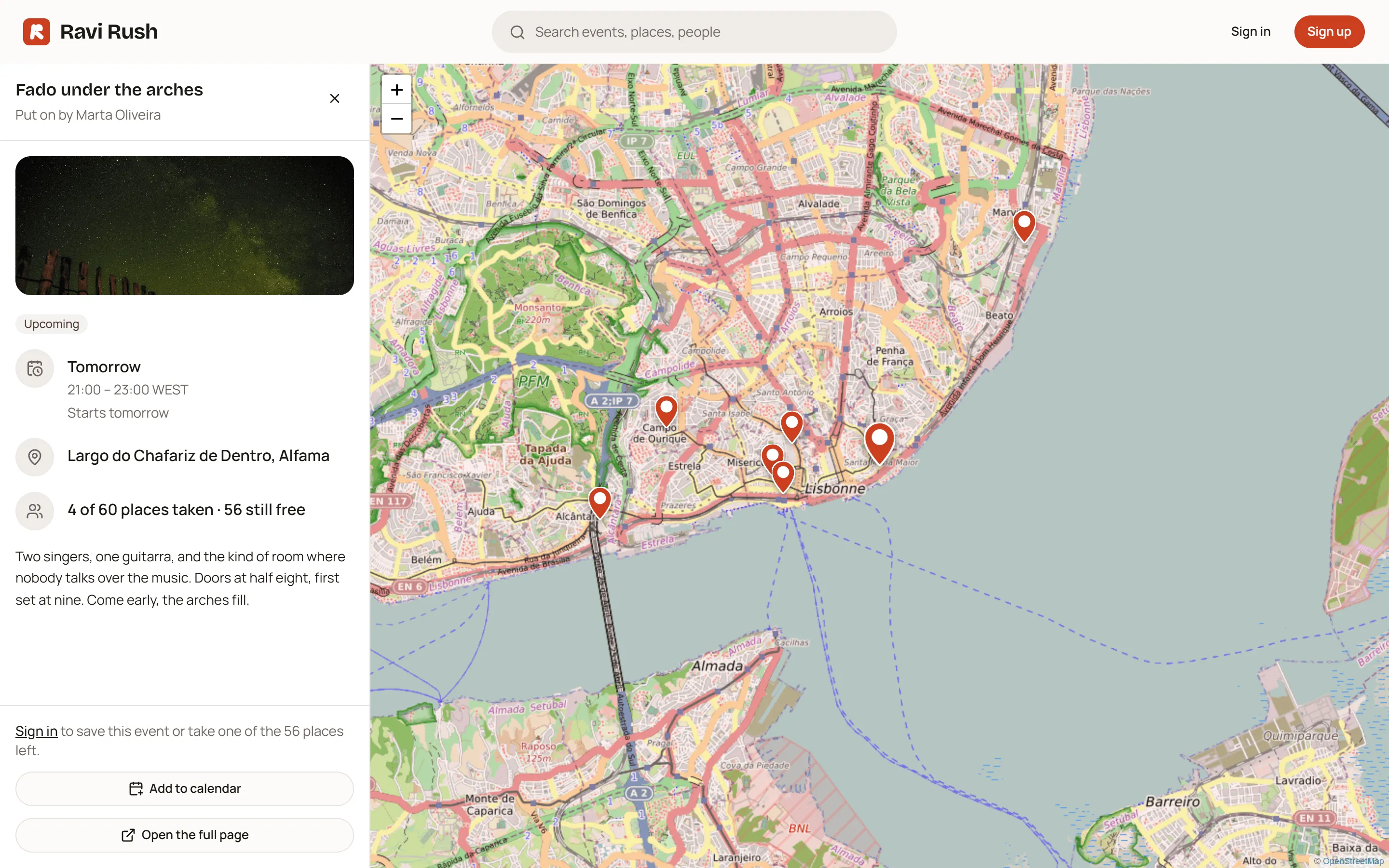 The map page: pins for every event in view, with the chosen event's card beside the map.
