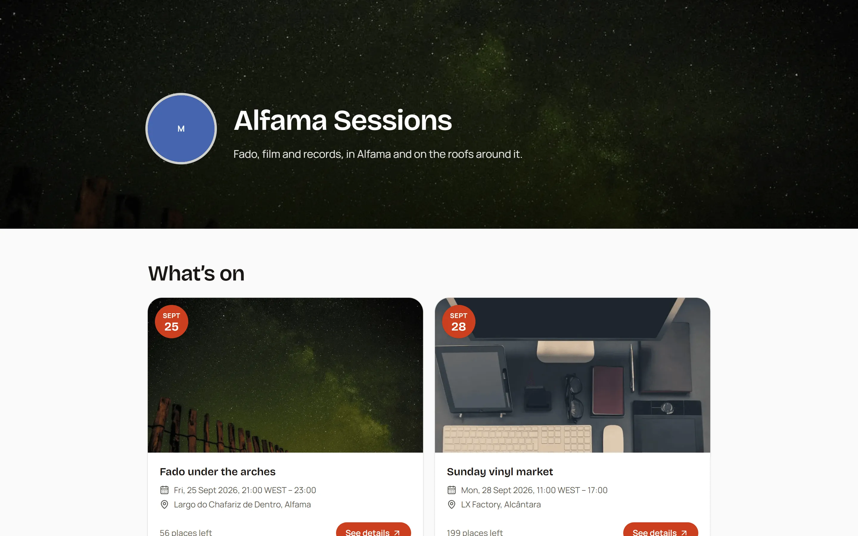 An organizer's own website, built from blocks: a hero over a picture, the organizer's upcoming events, and a Take part button.