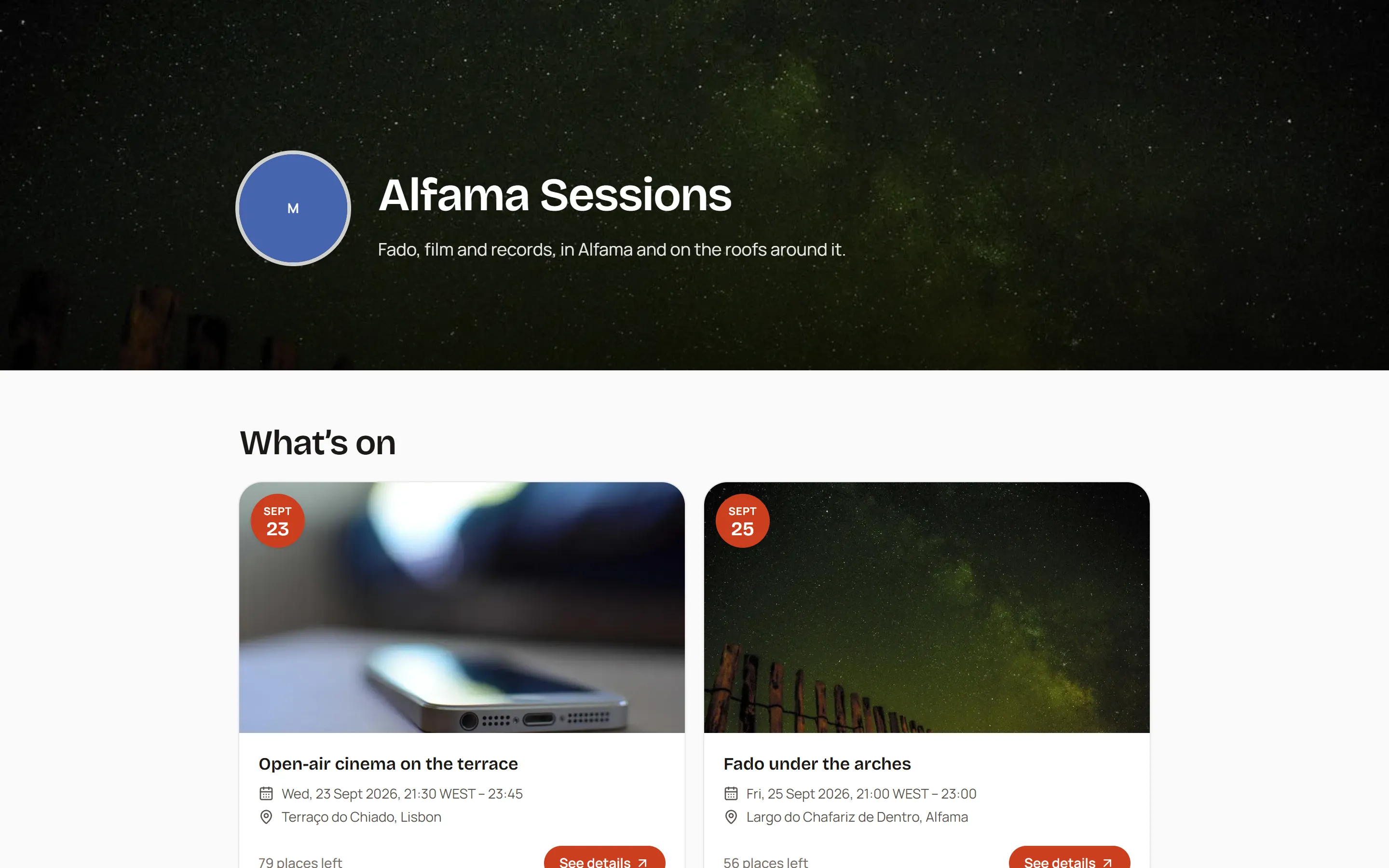 The finished site: a hero over a picture, the organizer's upcoming events, and a Take part button.